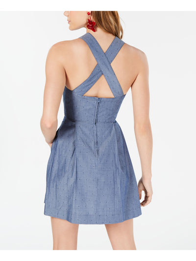 TEEZE ME Womens Pocketed Criss Cross Back Sleeveless Square Neck Mini Fit + Flare Dress