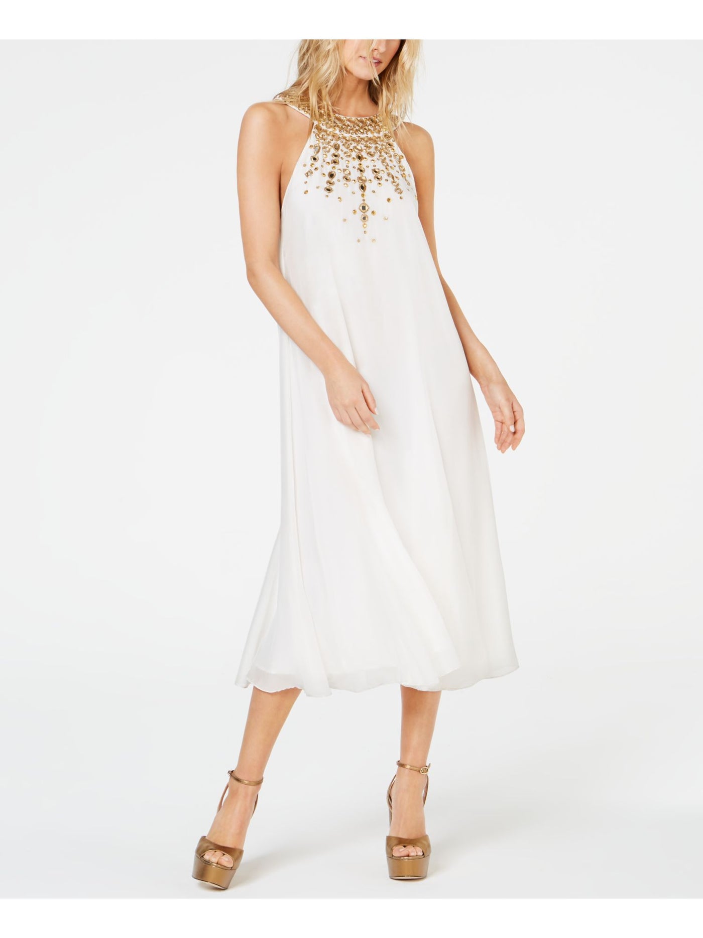 RACHEL ZOE Womens Embellished Sleeveless Halter Midi Formal Shift Dress