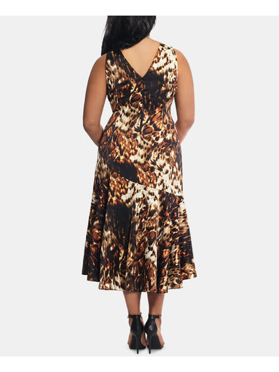 XSCAPE Womens Brown Ruffled Animal Print Sleeveless V Neck Midi Cocktail Sheath Dress Plus 16W