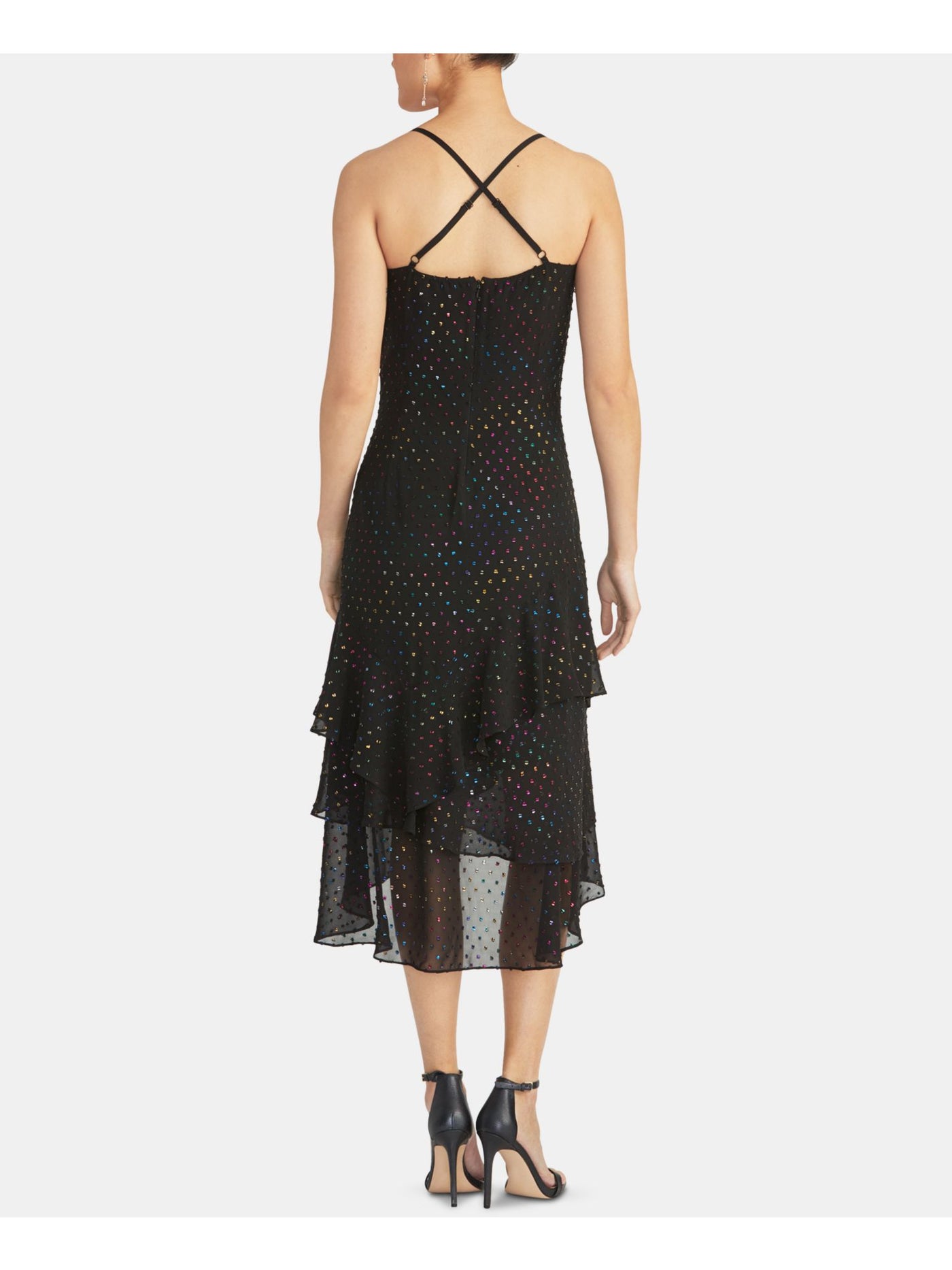 RACHEL ROY Womens Black Ruffled Polka Dot Spaghetti Strap V Neck Midi Hi-Lo Dress M