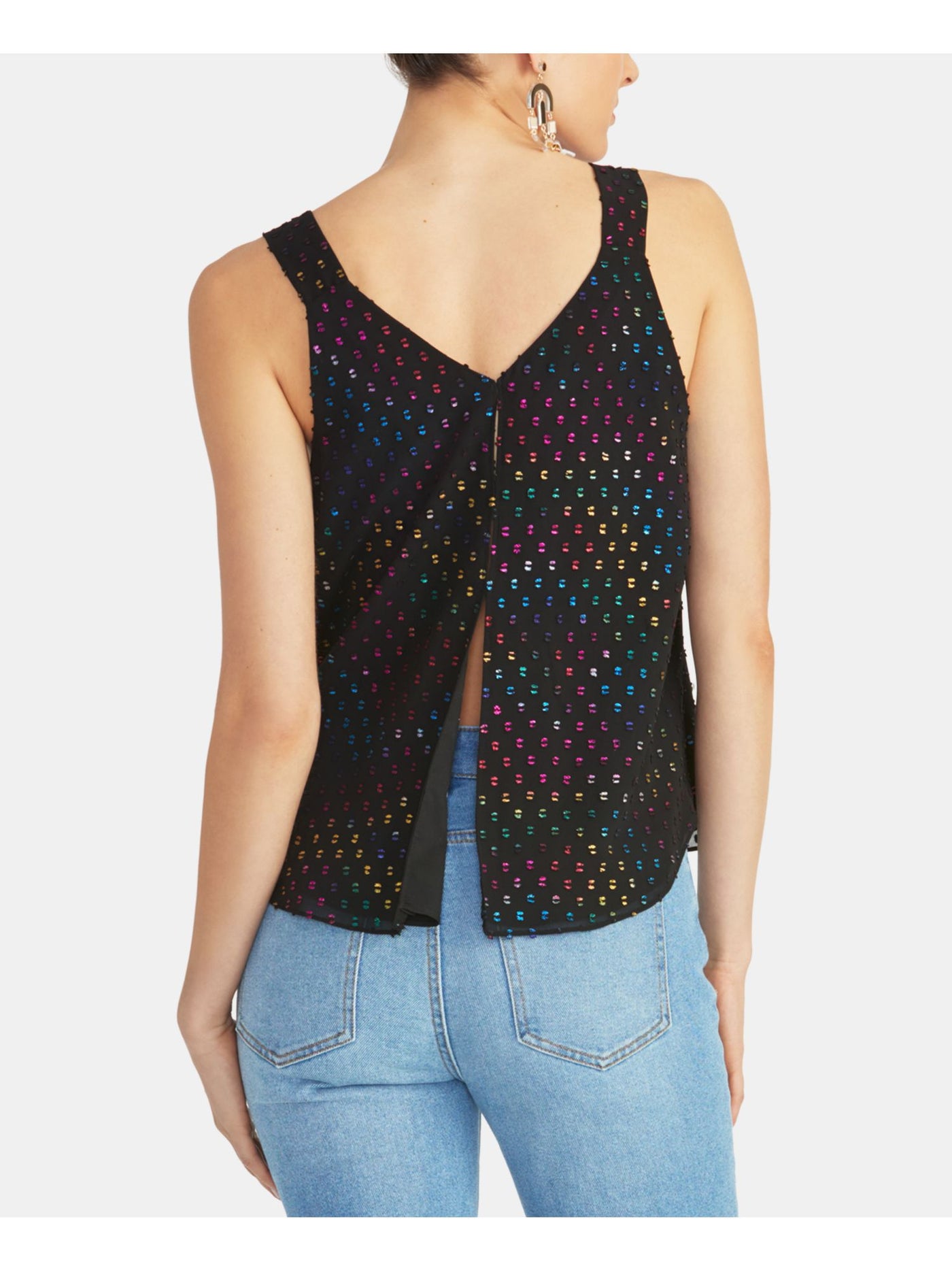 RACHEL ROY Womens Black Slitted Polka Dot Sleeveless V Neck Tank Top Size: XS