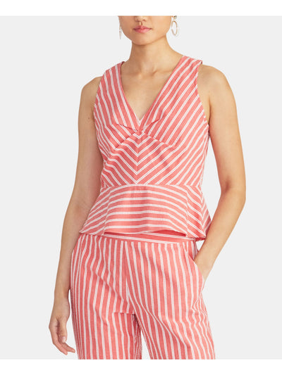 RACHEL ROY Womens Red Ruched Front Striped Sleeveless V Neck Top Size: 12