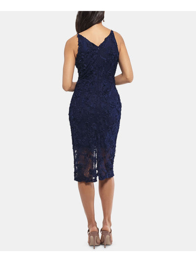 XSCAPE Womens Navy Lace Ruffled Sleeveless V Neck Below The Knee Cocktail Body Con Dress 12