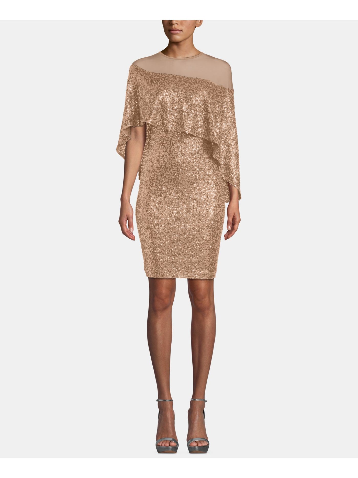 BETSY & ADAM Womens Sequined Long Sleeve Illusion Neckline Mini Evening Body Con Dress