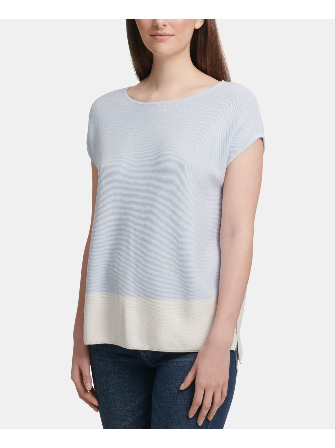 DKNY Womens Light Blue Color Block Cap Sleeve Jewel Neck T-Shirt L