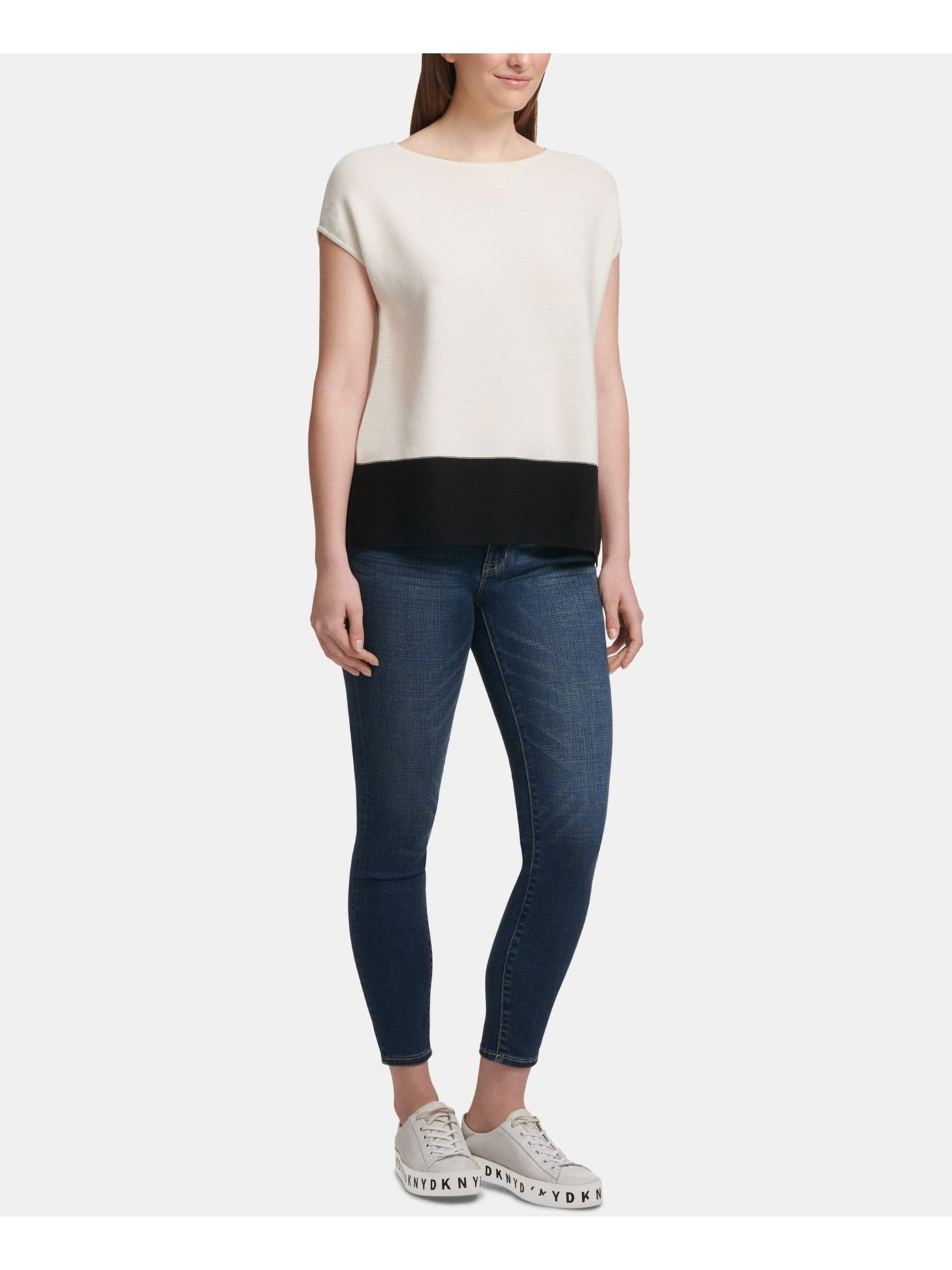 DKNY Womens Beige Color Block Cap Sleeve Jewel Neck Top L