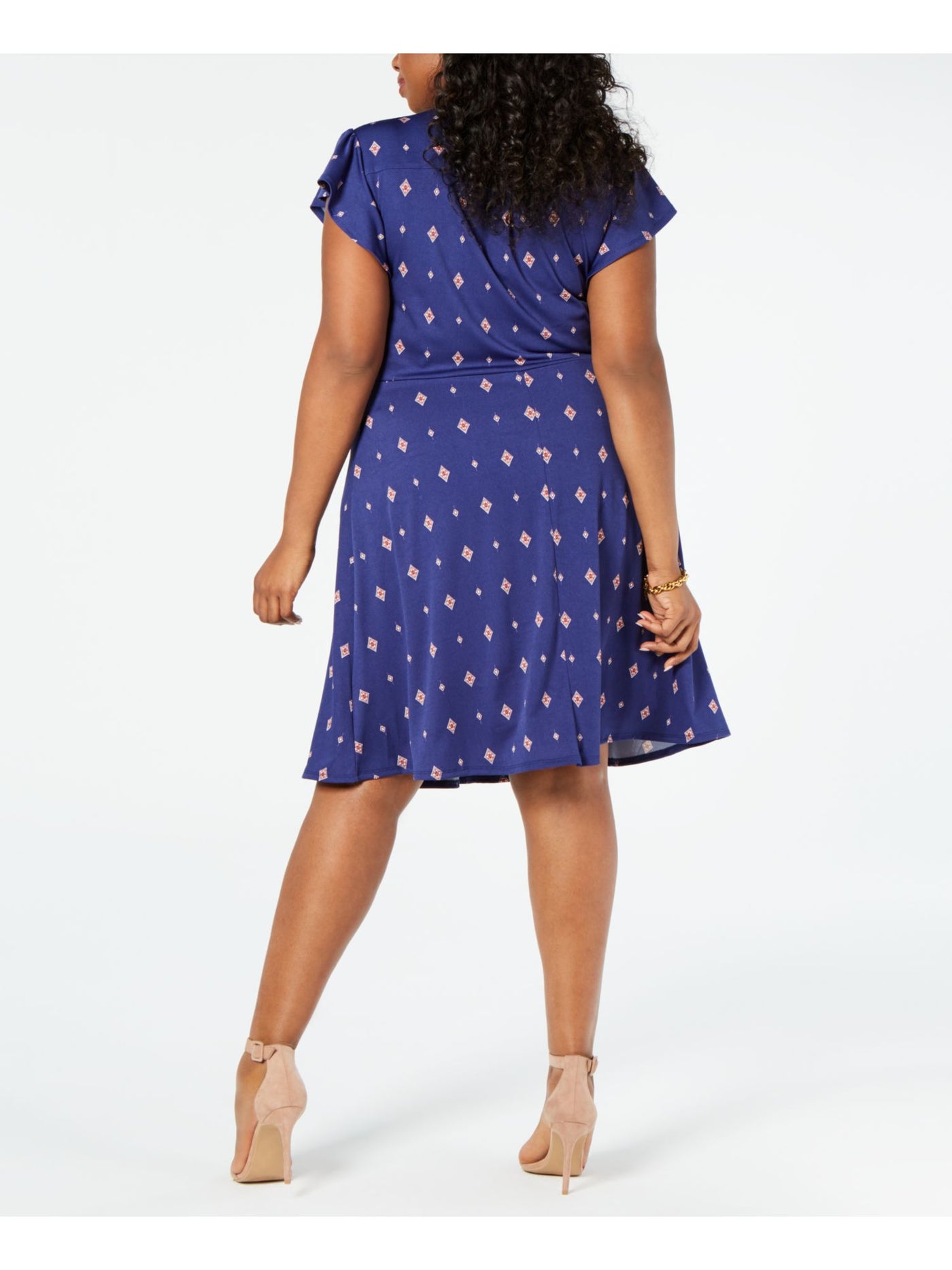 MONTEAU Womens Blue Printed V Neck Below The Knee Shift Dress Plus 1X