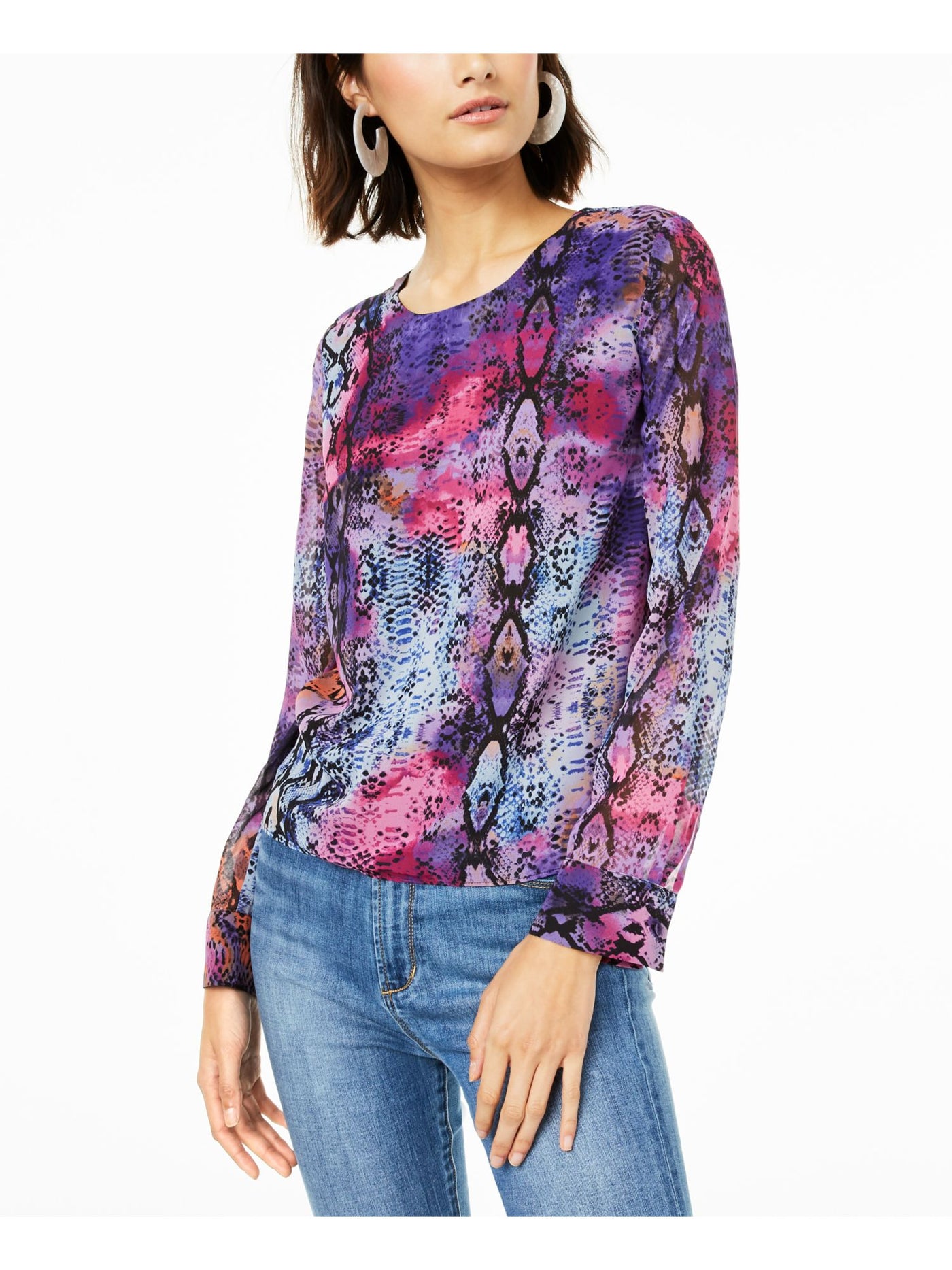 BAR III Womens Purple Twist-back Animal Print Long Sleeve Jewel Neck Evening Blouse M