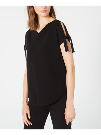 ANNE KLEIN Womens Black Cross Back Short Sleeve V Neck Top 2XS