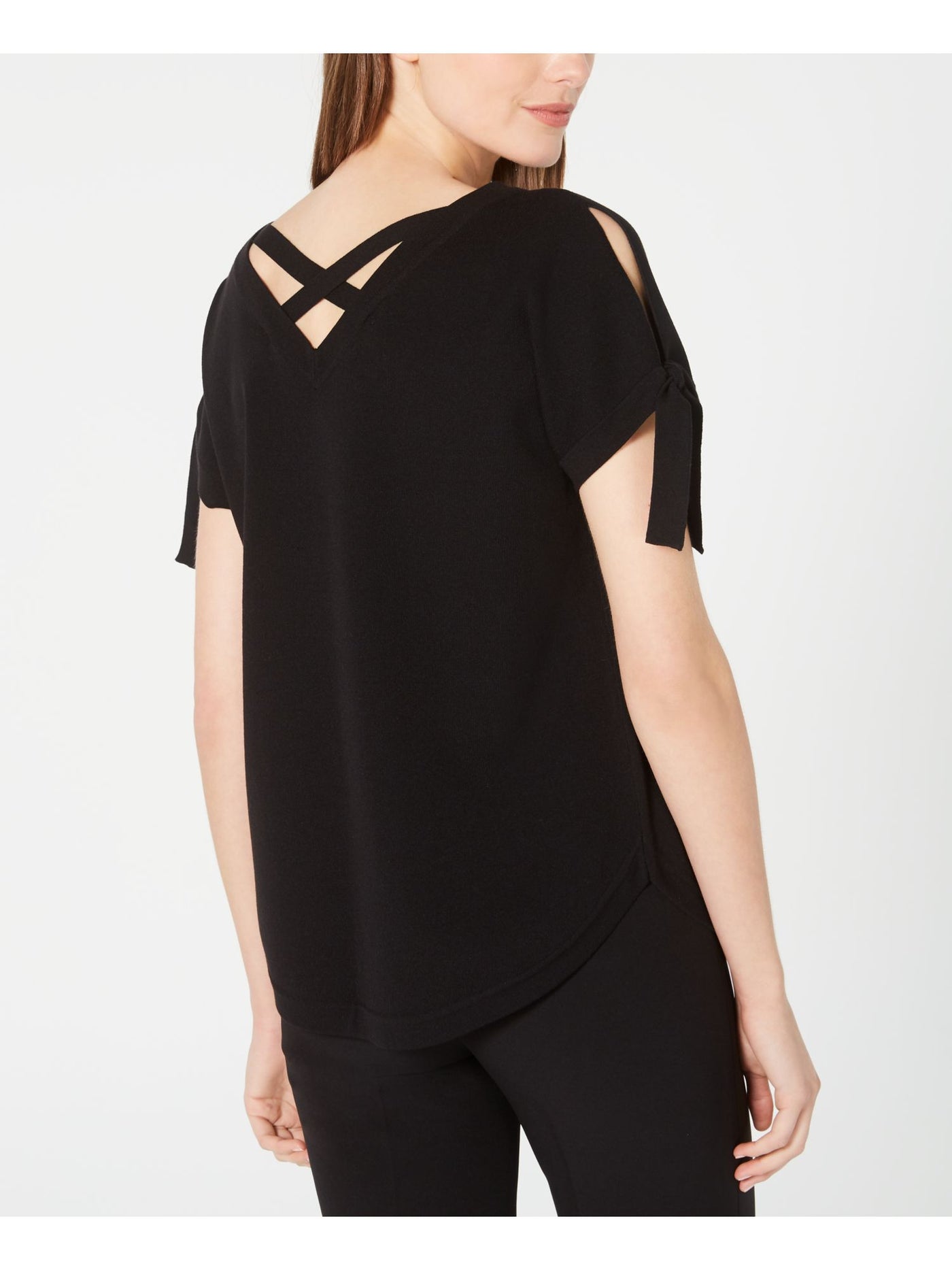 ANNE KLEIN Womens Black Cross Back Short Sleeve V Neck Top 2XS