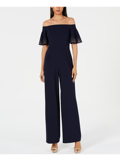 CALVIN KLEIN Womens Navy Embellished Pocketed Flutter Sleeve Off Shoulder Party Wide Leg Jumpsuit 2