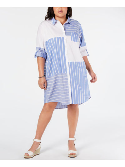 TOMMY HILFIGER Womens Light Blue Striped Short Sleeve Collared Midi Shirt Dress Plus 18W