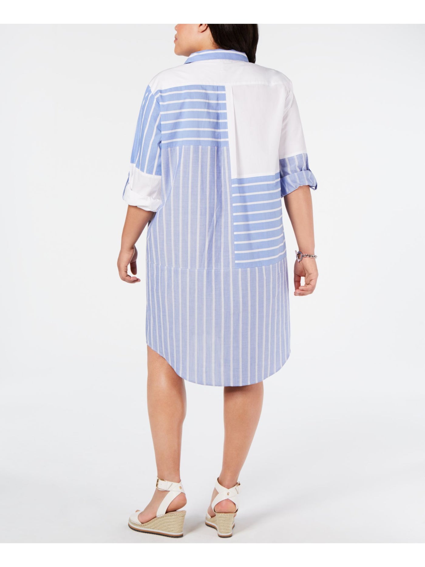 TOMMY HILFIGER Womens Light Blue Striped Short Sleeve Collared Midi Shirt Dress Plus 18W