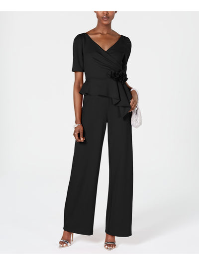 ADRIANNA PAPELL Womens Black Gathered Short Sleeve Surplice Neckline Cocktail Wide Leg Jumpsuit 2