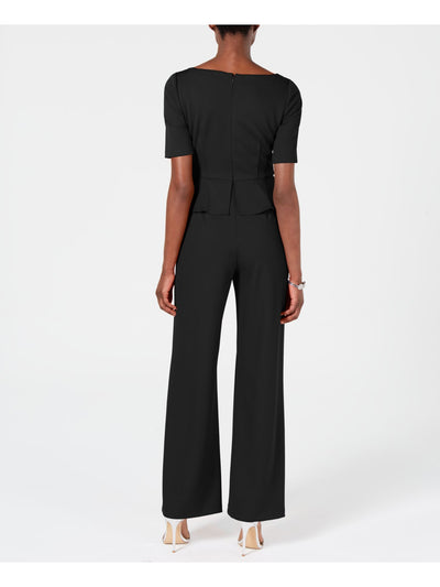 ADRIANNA PAPELL Womens Black Gathered Short Sleeve Surplice Neckline Cocktail Wide Leg Jumpsuit 2