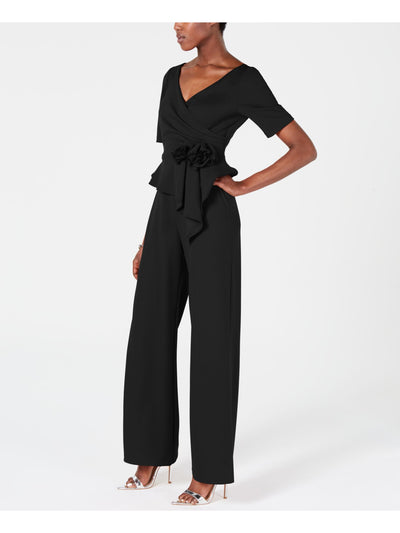 ADRIANNA PAPELL Womens Black Gathered Short Sleeve Surplice Neckline Cocktail Wide Leg Jumpsuit 2