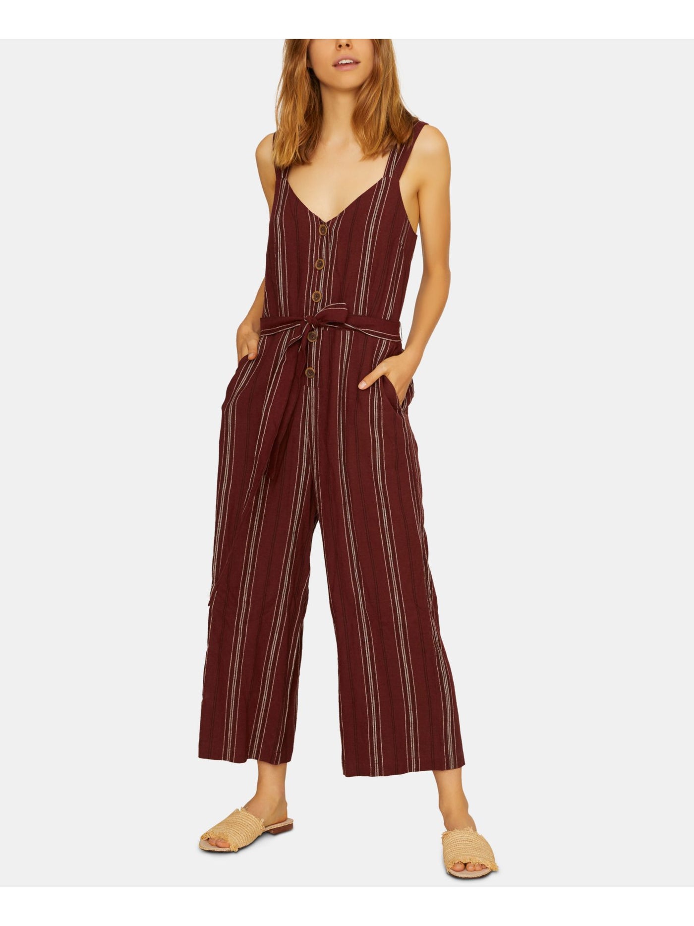 SANCTUARY Womens Brown Striped Sleeveless V Neck Wide Leg Jumpsuit Size: XS