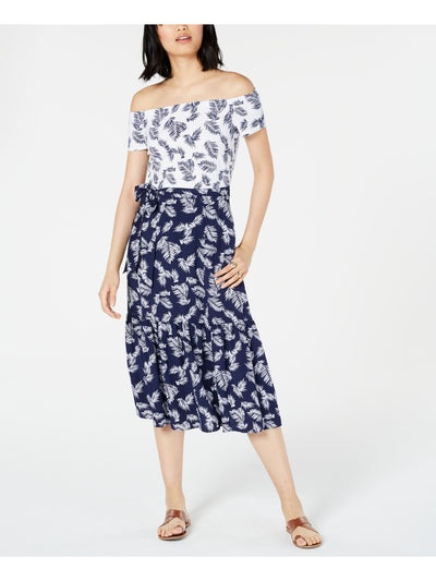 MAISON JULES Womens Navy Belted Printed Short Sleeve Off Shoulder Midi Sheath Dress 4
