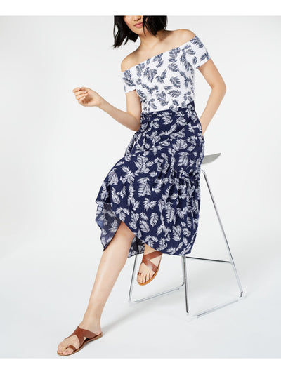 MAISON JULES Womens Navy Belted Printed Short Sleeve Off Shoulder Midi Sheath Dress 6