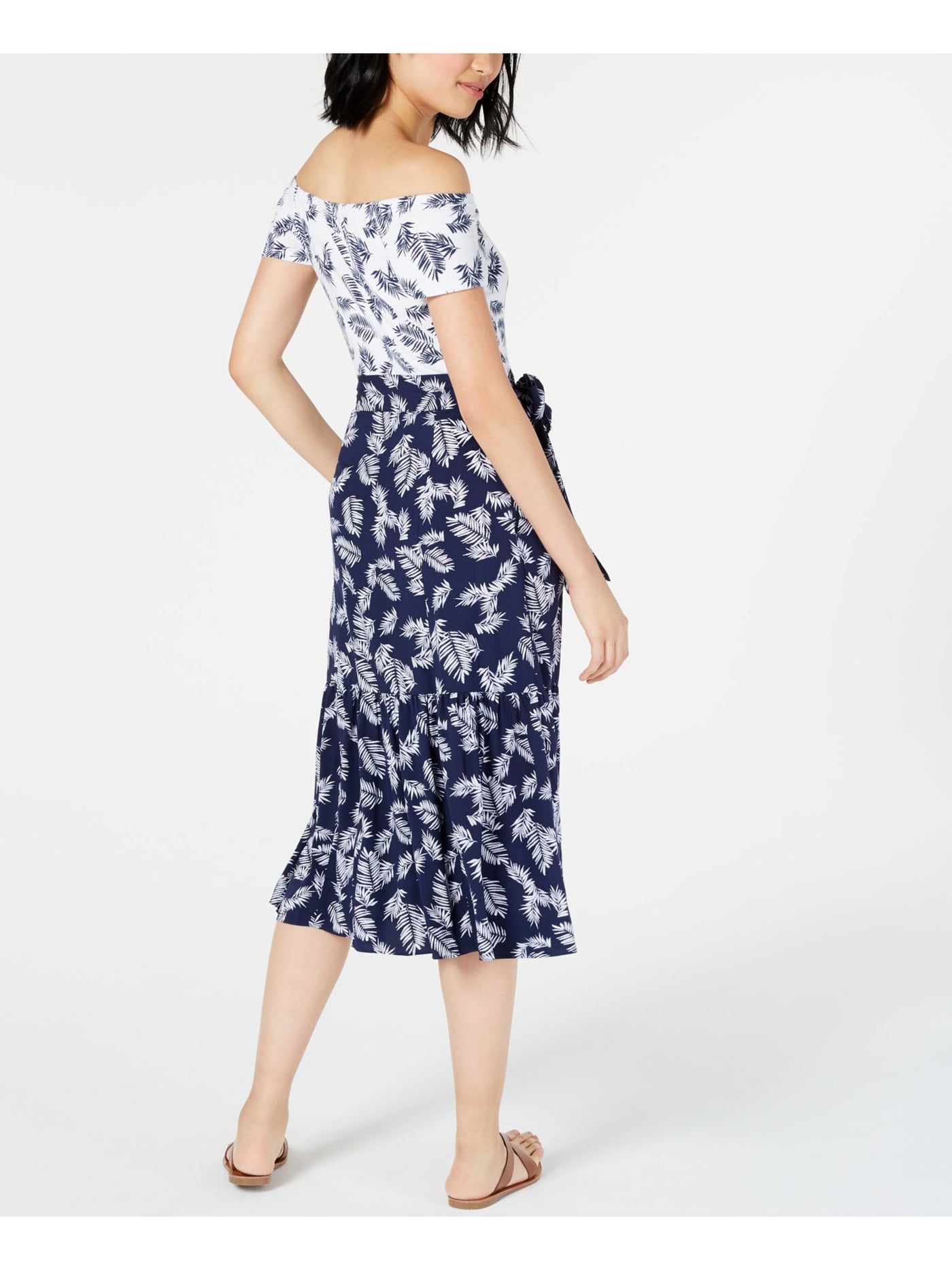 MAISON JULES Womens Navy Belted Printed Short Sleeve Off Shoulder Midi Sheath Dress 4