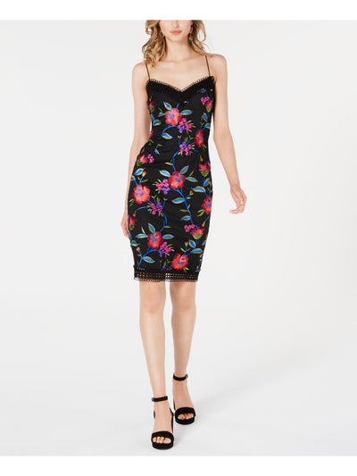 AIDAN MATTOX Womens Black Floral Spaghetti Strap V Neck Above The Knee Cocktail Body Con Dress 12