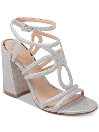 JEWEL BADGLEY MISCHKA Womens Silver Caged Padded Ankle Strap Glitter Shari Round Toe Flare Buckle Slingback Sandal 8.5