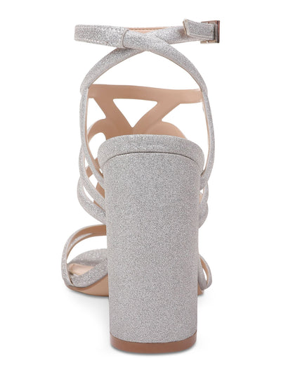 JEWEL BADGLEY MISCHKA Womens Silver Caged Padded Ankle Strap Glitter Shari Round Toe Flare Buckle Slingback Sandal 8.5