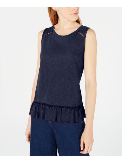 MAISON JULES Womens Navy Ruffled Sleeveless Jewel Neck Top M