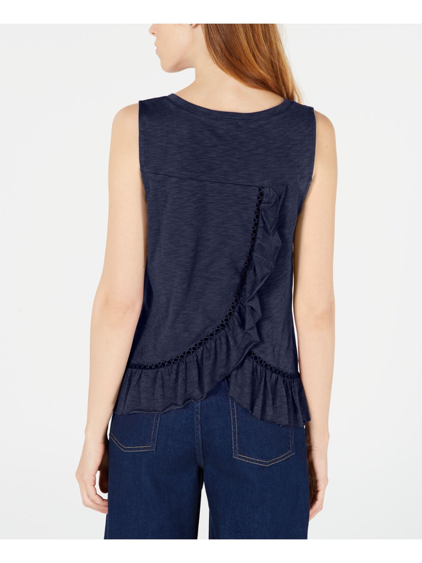 MAISON JULES Womens Navy Ruffled Sleeveless Jewel Neck Top L