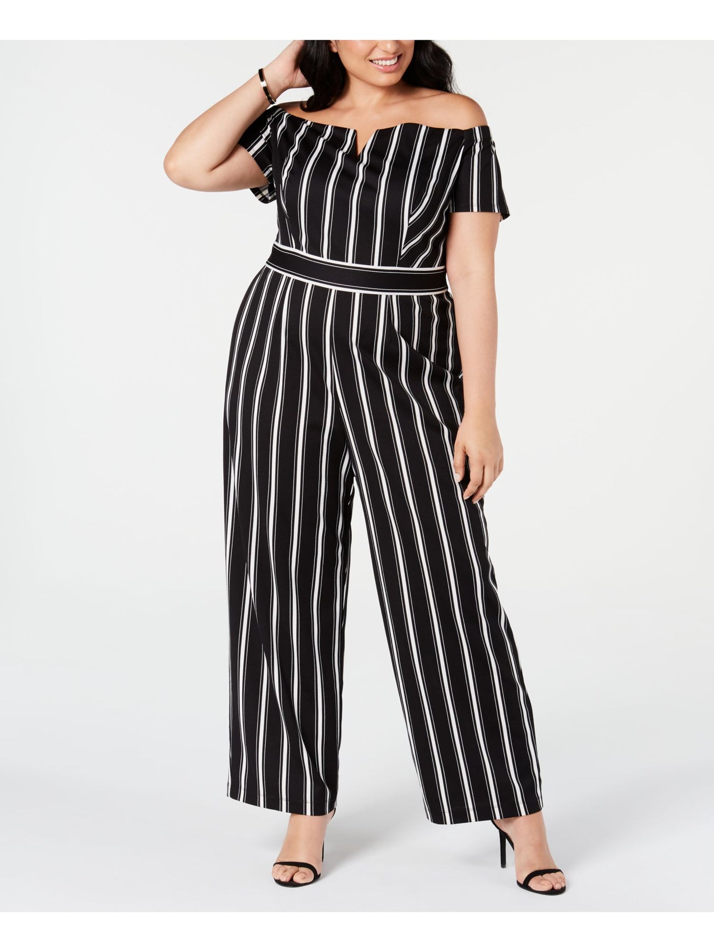 TEEZE ME Womens Black Striped Short Sleeve Off Shoulder Evening Wide Leg Jumpsuit Juniors 24