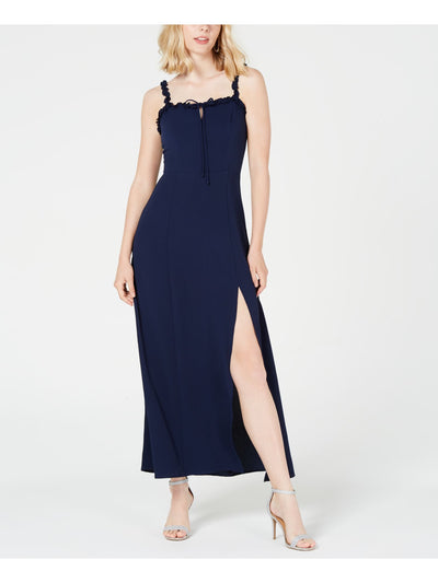 TEEZE ME Womens Navy Slitted Ruffled Spaghetti Strap Square Neck Midi Wrap Prom Dress 3\4