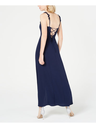 TEEZE ME Womens Navy Slitted Ruffled Spaghetti Strap Square Neck Midi Wrap Prom Dress 3\4