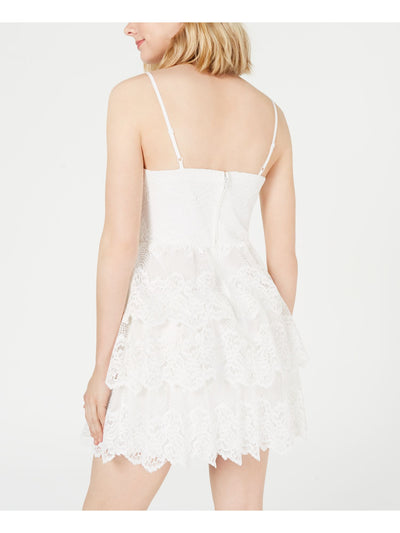 TEEZE ME Womens White Spaghetti Strap Mini Fit + Flare Cocktail Dress Size: 7