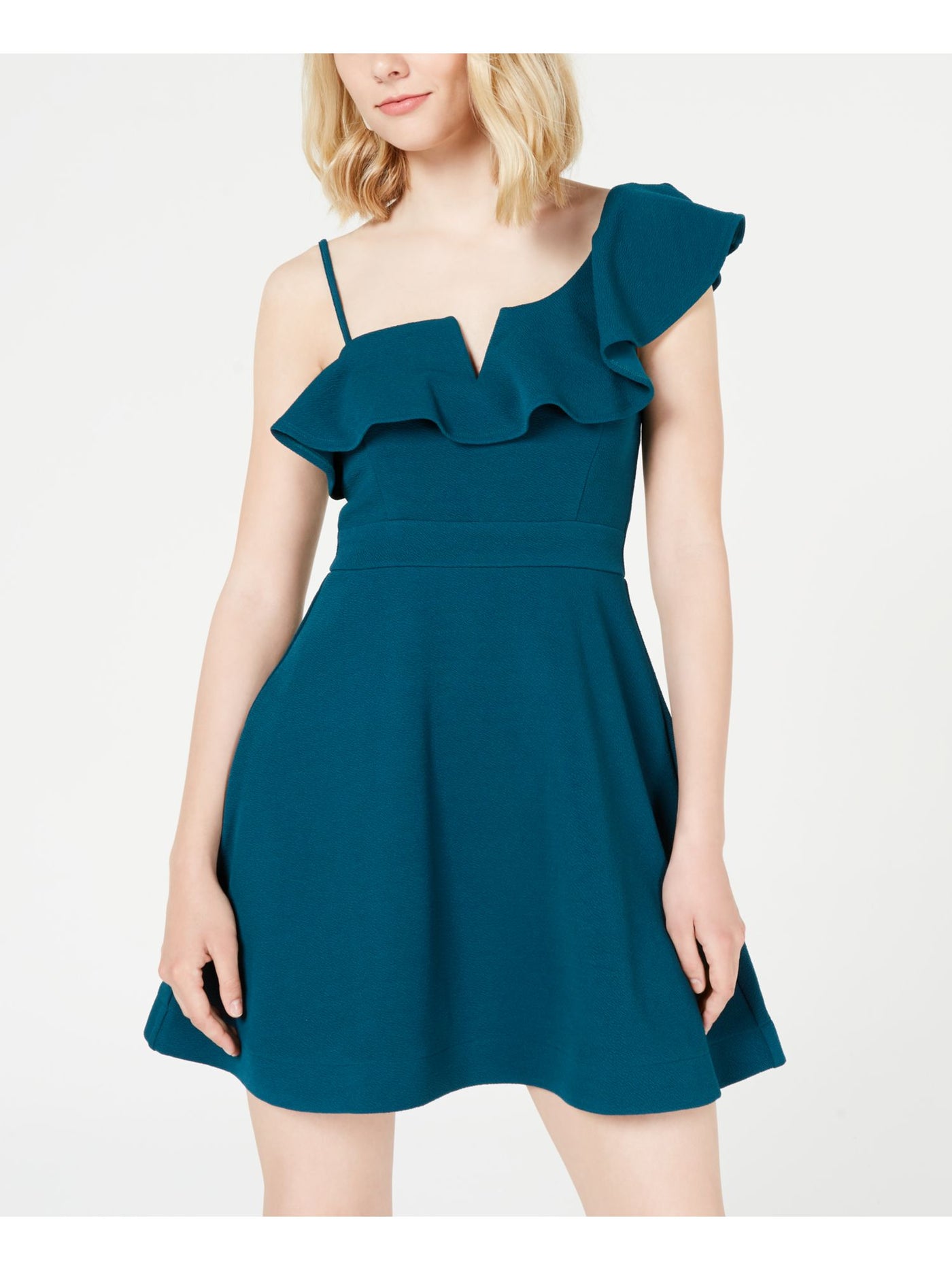 TEEZE ME Womens Teal Ruffled Metal V Cap Sleeve Asymmetrical Neckline Mini Cocktail Fit + Flare Dress 1\2