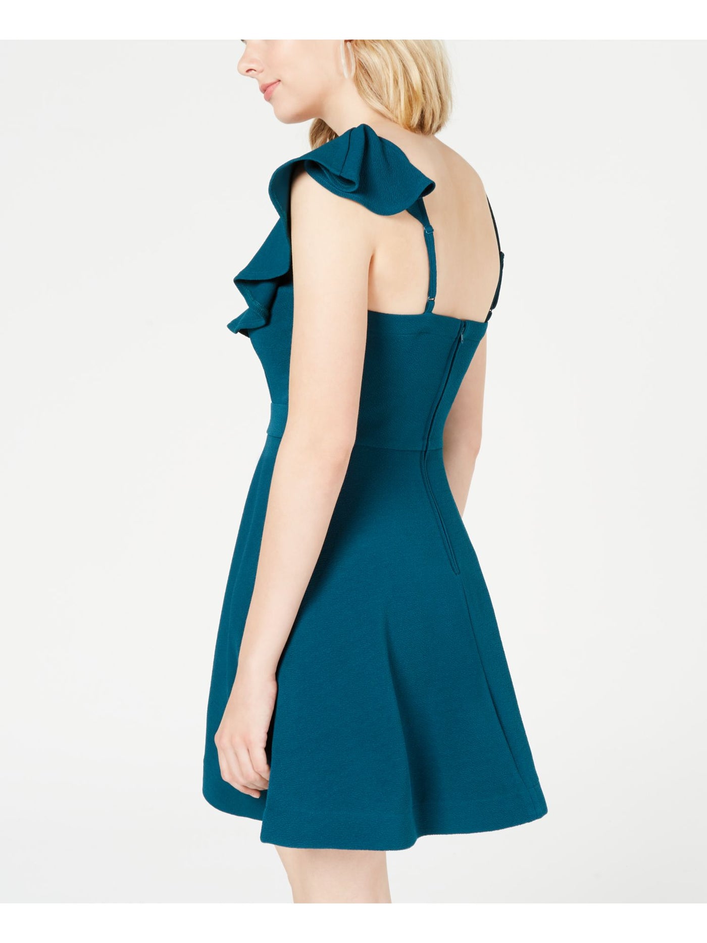 TEEZE ME Womens Teal Ruffled Metal V Cap Sleeve Asymmetrical Neckline Mini Cocktail Fit + Flare Dress 1\2