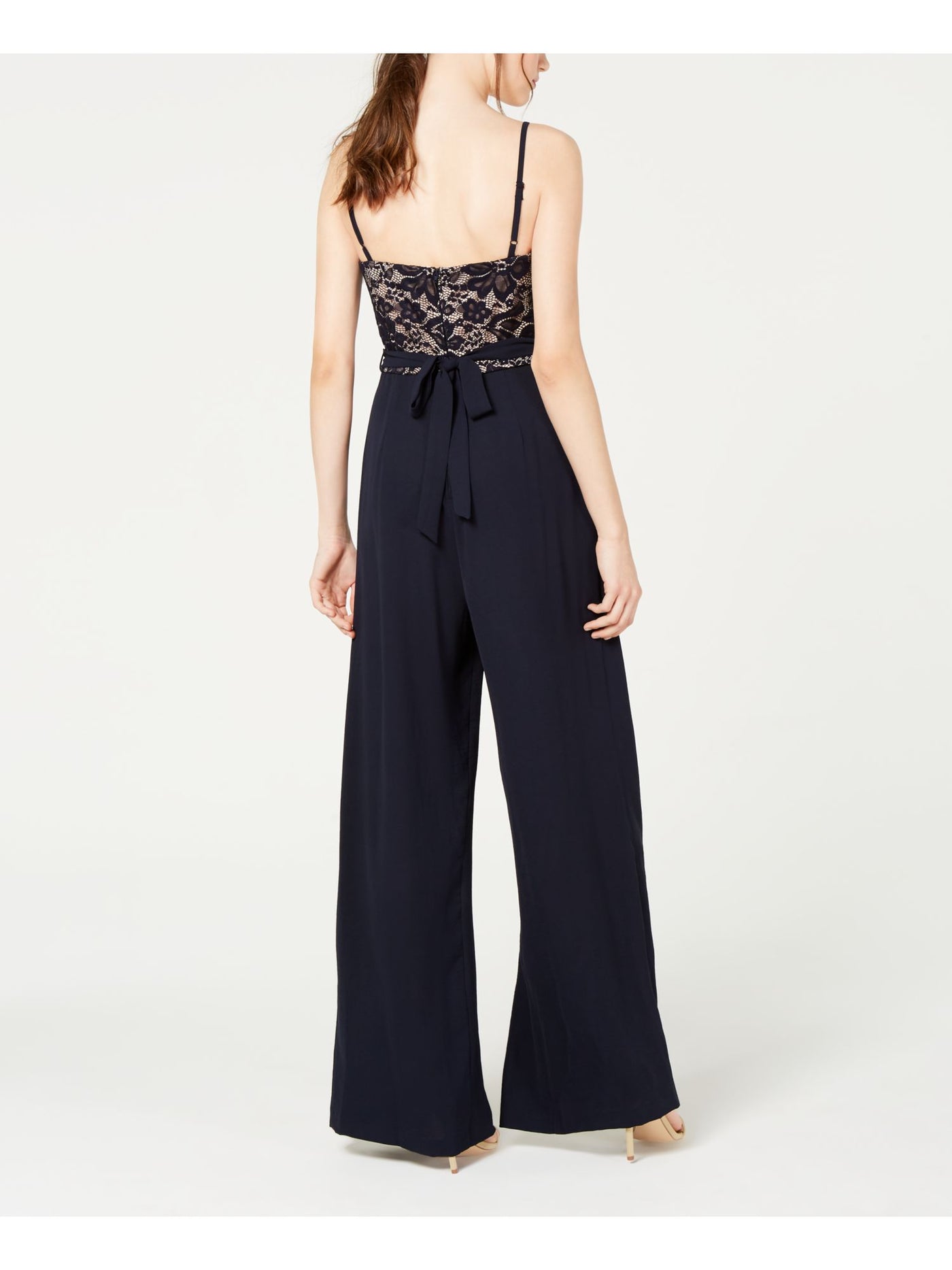 TEEZE ME Womens Navy Lace Spaghetti Strap Square Neck Wide Leg Jumpsuit 0