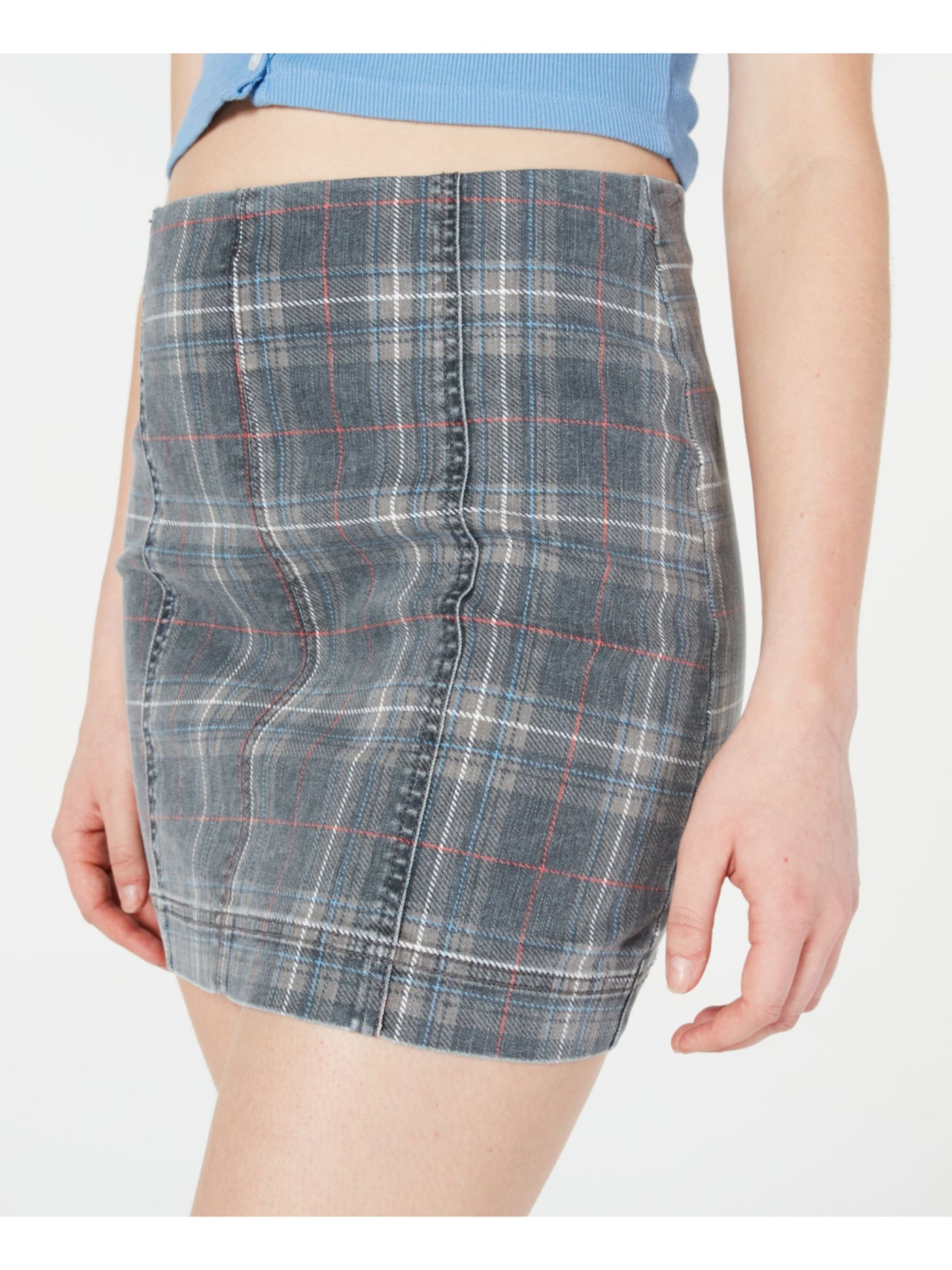 TINSELTOWN Womens Gray Stretch Zippered Denim Plaid Short A-Line Skirt 11