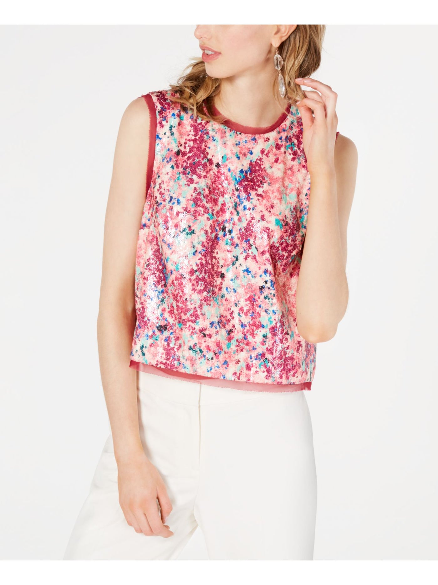 RACHEL ZOE Womens Pink Sequined Printed Sleeveless Jewel Neck Top M