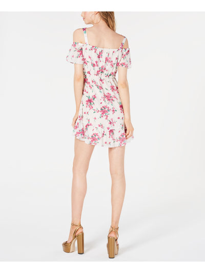 RACHEL ZOE Womens Pink Cold Shoulder Floral Short Sleeve Mini Fit + Flare Dress L