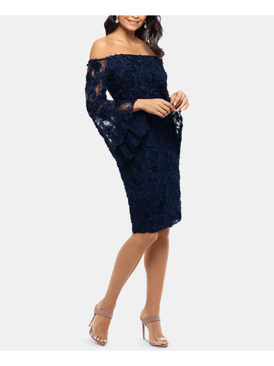 XSCAPE Womens Navy Lace Long Sleeve Off Shoulder Above The Knee Wear To Work Body Con Dress 2