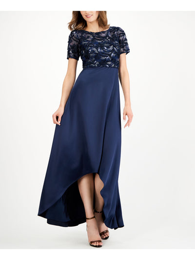 ADRIANNA PAPELL Womens Navy Lace Short Sleeve Boat Neck Maxi Formal Hi-Lo Dress 8