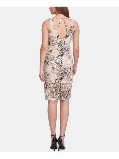 MARCIANO Womens Beige Sequined Printed Sleeveless V Neck Knee Length Cocktail Sheath Dress 4