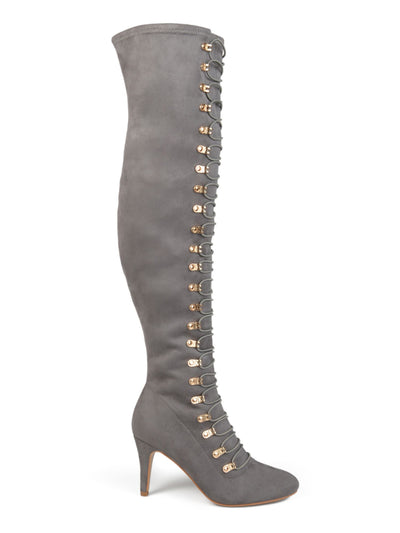 JOURNEE COLLECTION Womens Gray Lace-Up Padded Trill Round Toe Stiletto Zip-Up Heeled Boots 7