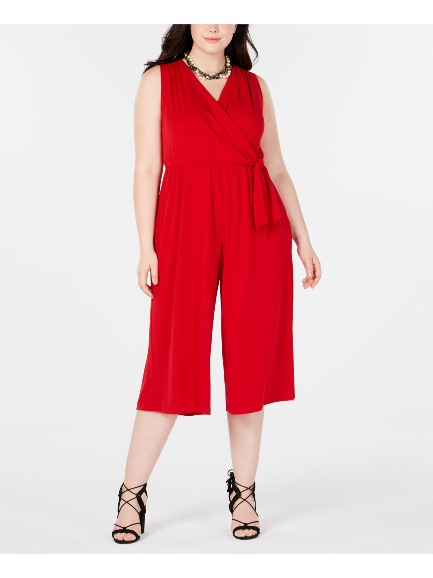 SIGNATURE Womens Red Sleeveless V Neck Cropped Jumpsuit Plus 2X