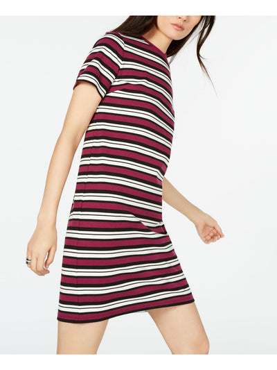 MICHAEL MICHAEL KORS Womens Red Striped Short Sleeve Crew Neck Short Sheath Dress Petites PL