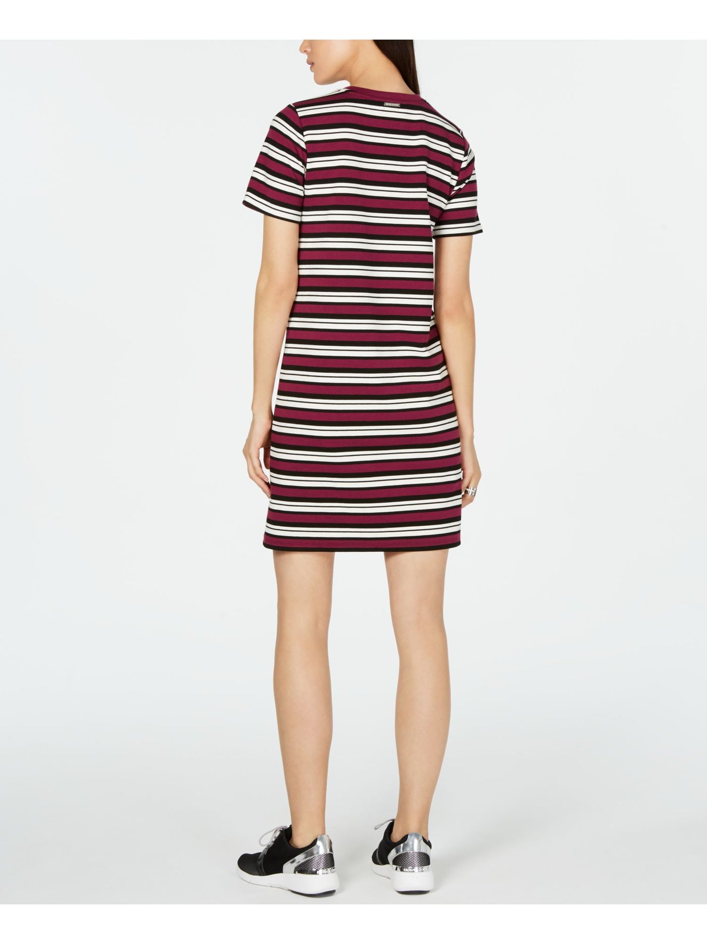 MICHAEL KORS Womens Maroon Striped Short Sleeve Crew Neck Above The Knee Shift Dress S