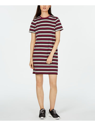 MICHAEL KORS Womens Burgundy Striped Short Sleeve Crew Neck Above The Knee Shift Dress 2XS