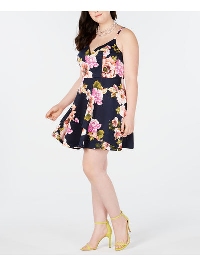 SPEECHLESS Womens Navy Floral Sleeveless V Neck Above The Knee Fit + Flare Dress 22