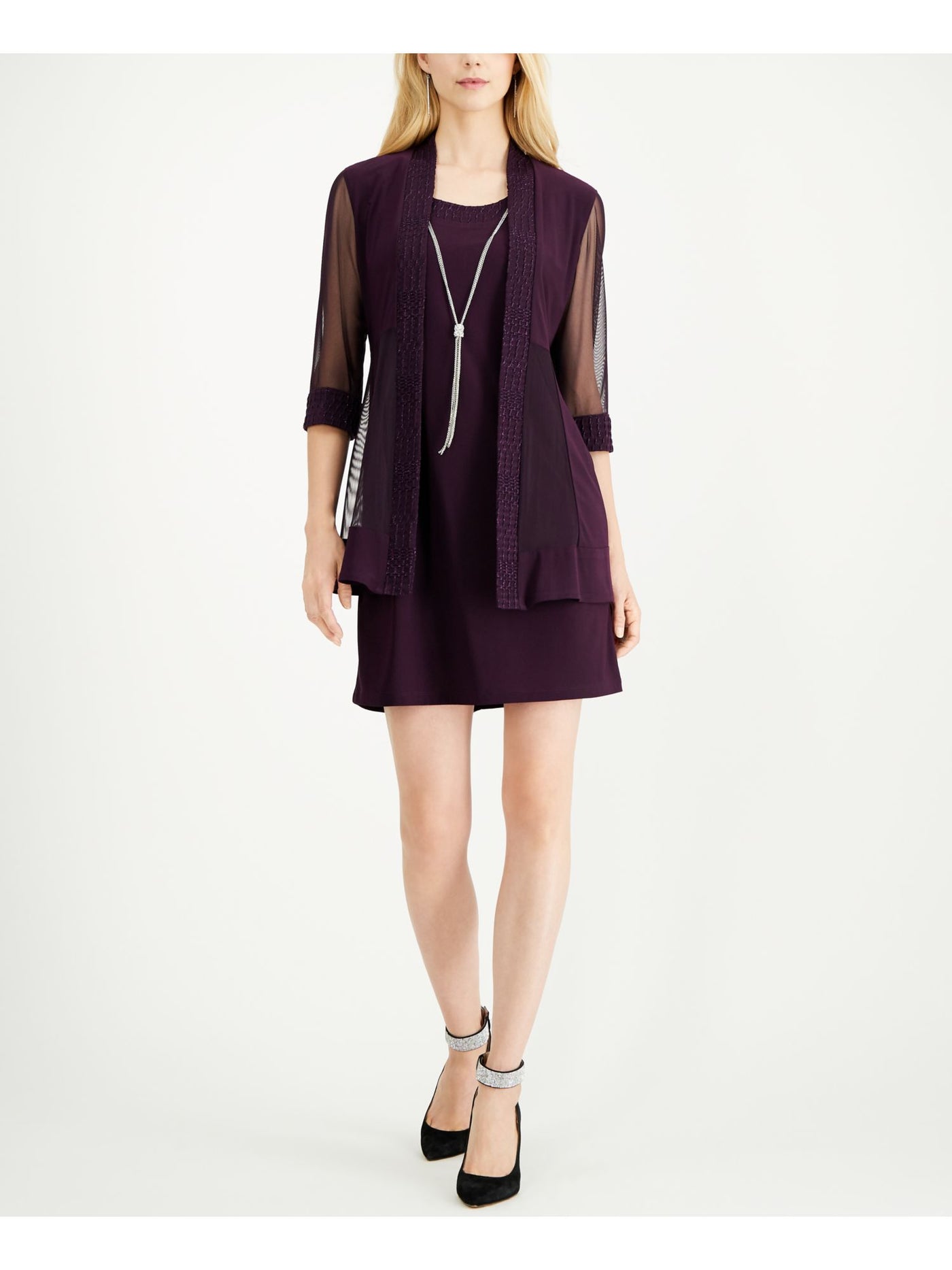 R&M RICHARDS Womens Stretch Textured Glitter Open Front 3/4 Sleeve 3/4 Sleeve Scoop Neck Above The Knee Evening Sheath Dress