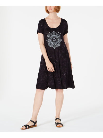 STYLE & COMPANY Womens Black Textured Short Sleeve Scoop Neck Knee Length A-Line Dress XS